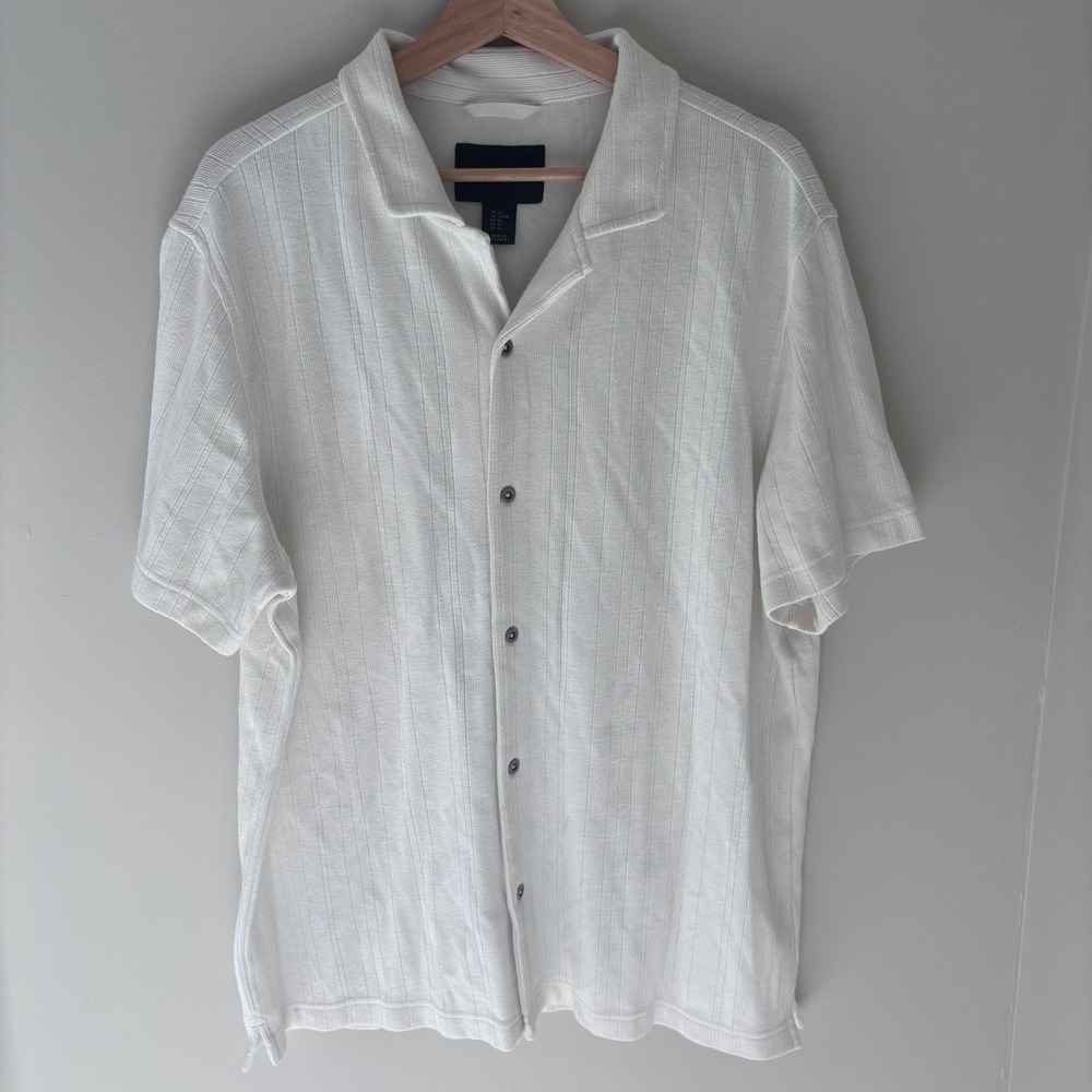 Christian Lacroix Mens White Ribbed Knit Button Up Polo Shirt Coastal Neutral XL